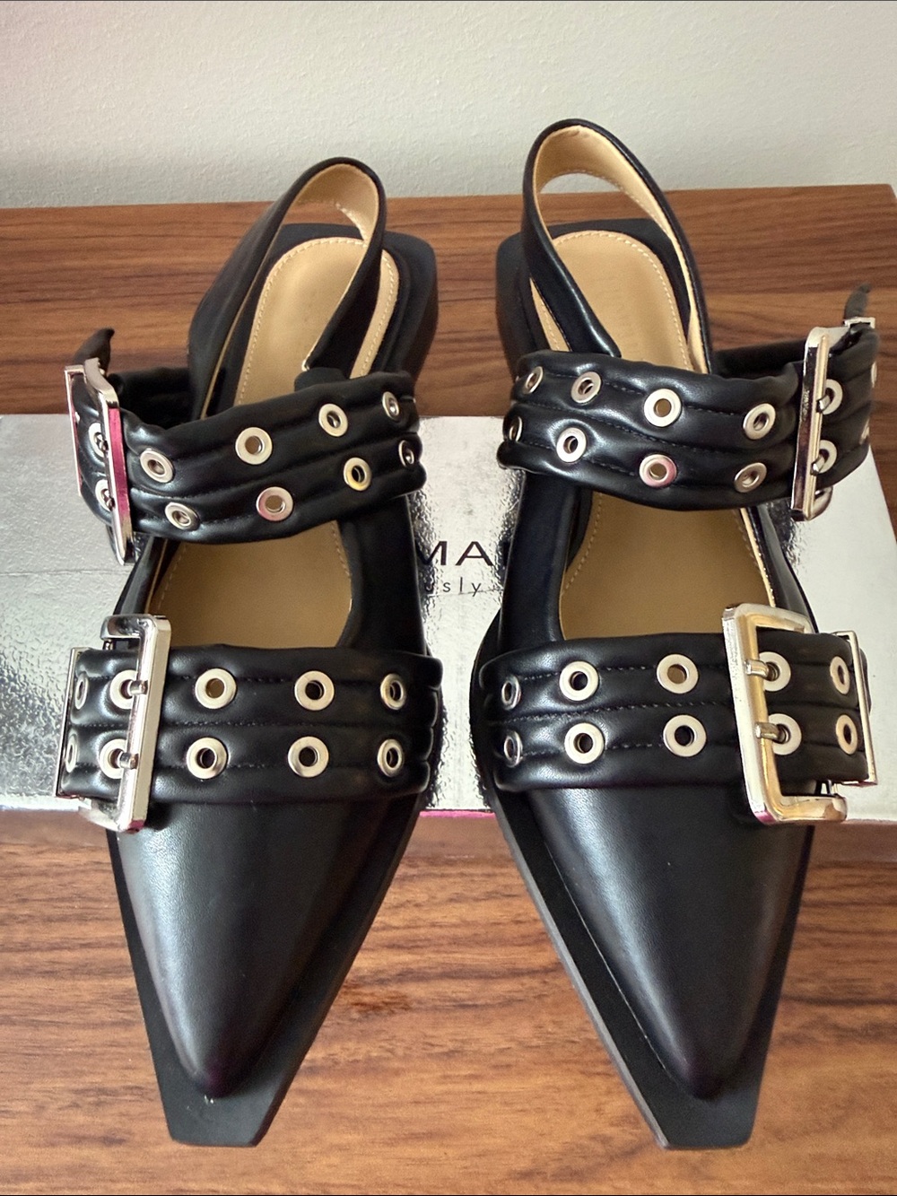 NWOT Luomanli Black Faux Leather Flats with Studded Double Adjustable Buckles.